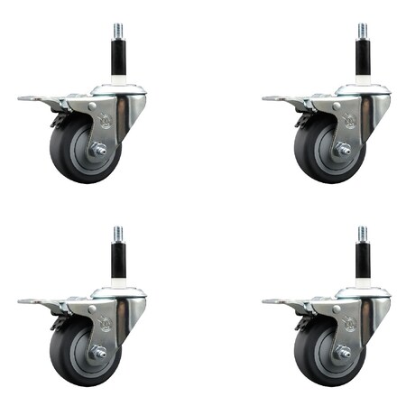 Service Caster 3'' SS Thermoplastic Rubber Swivel 7/8'' Expanding Stem Caster Set Total Lock Brake, 4PK SCC-SSEXTTL20S314-TPRB-78-4
